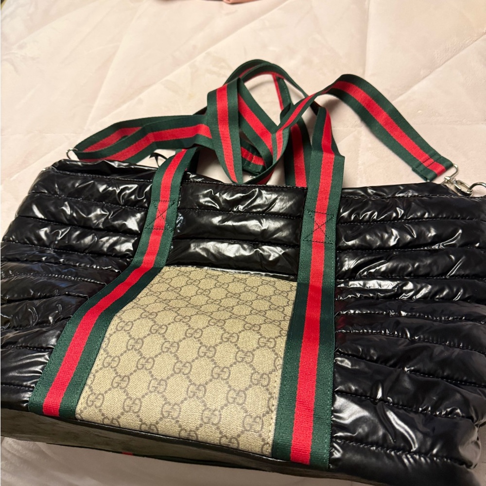 Black Quilted Bag with Red and Green Straps